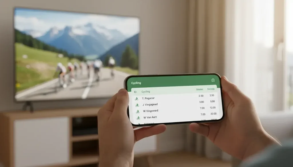 Smartphone met wielren odds en Tour de France achtergrond - beste bookmakers