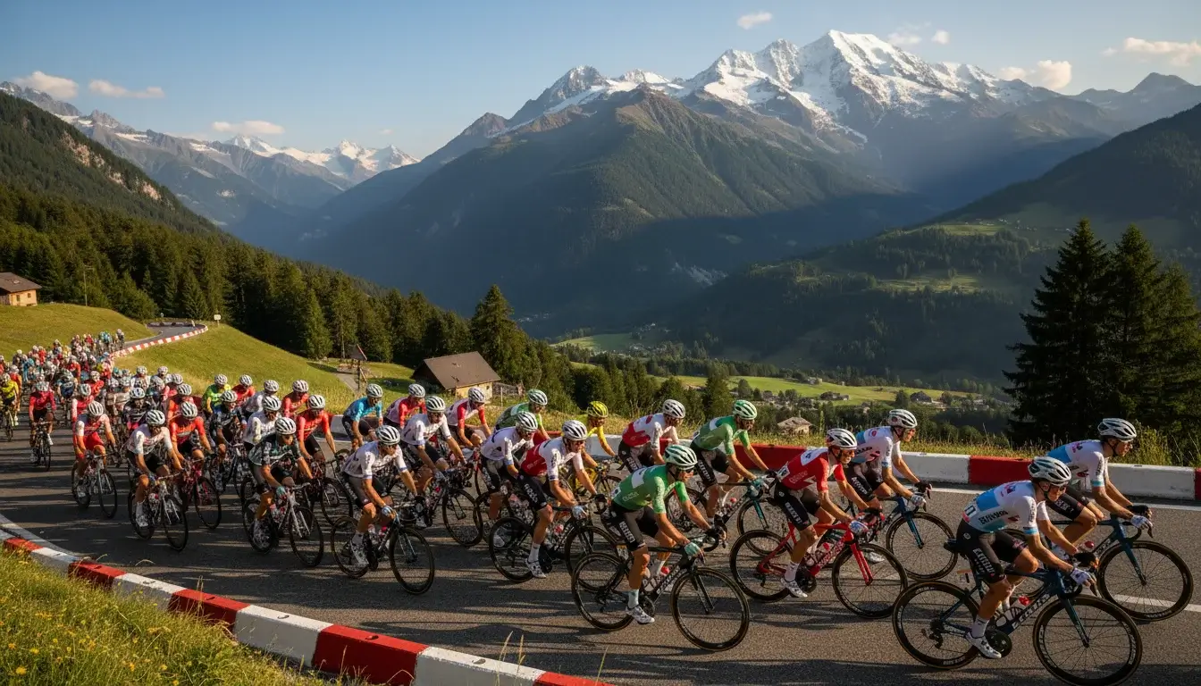 Peloton Tour de France rijdt door de Franse Alpen