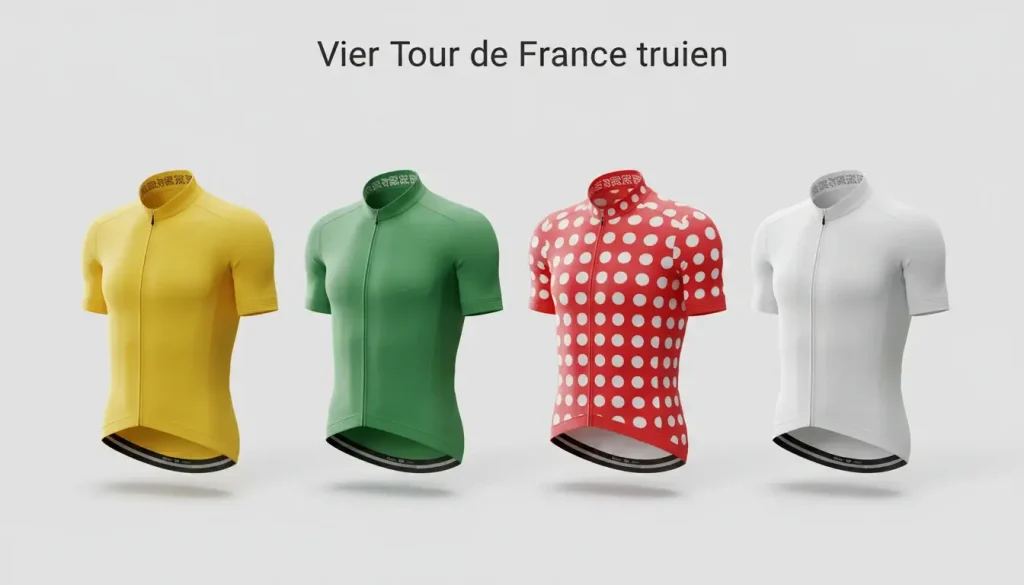 Vier Tour de France truien naast elkaar - geel groen bolletjes wit klassementen