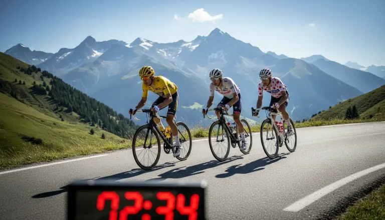 Wielrenners in bergrit met live timing scherm op voorgrond - live wedden Tour de France