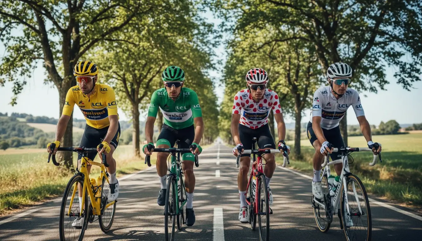 De vier truien van de Tour de France: geel, groen, bollen en wit