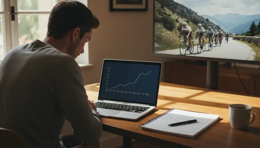 Wielerfan analyseert koersdata op laptop met Tour de France beelden - wedstrategie